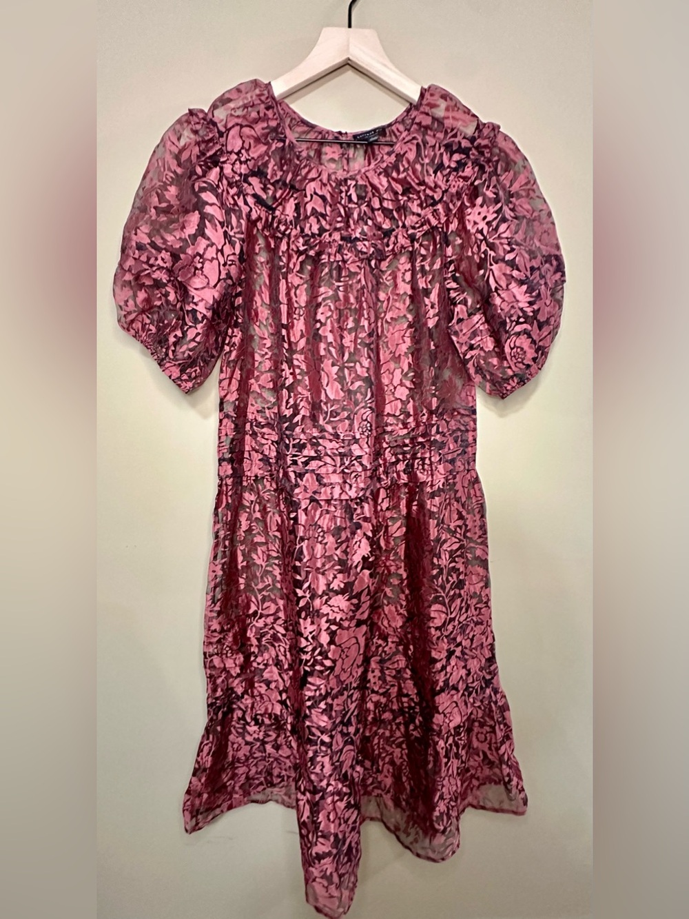 Current Air LA Pink Floral Sheer Midi Dress Size Large Ruffle Puff Sleeve